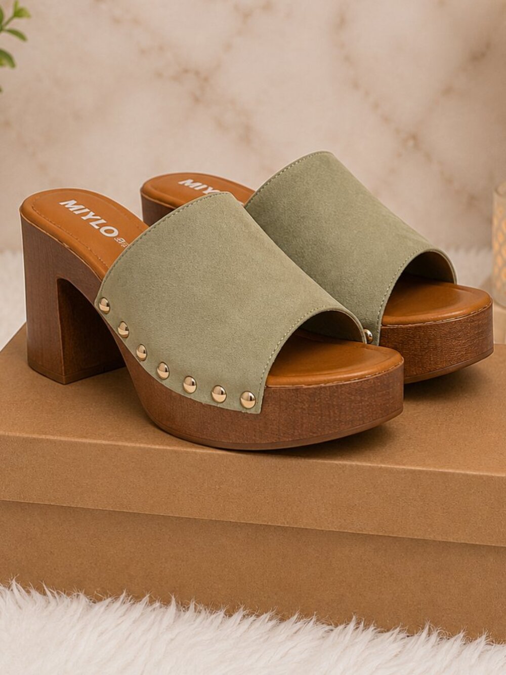Women's Sage Green Studded Platform Mule Heels